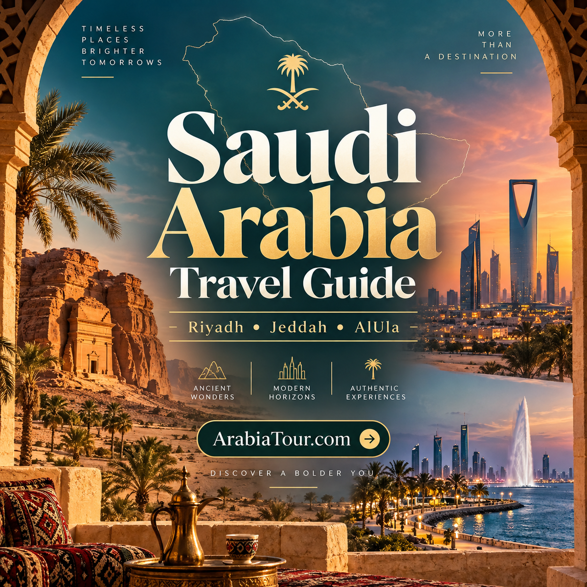 Saudi Arabia travel guide typography card — ArabiaTour.com
